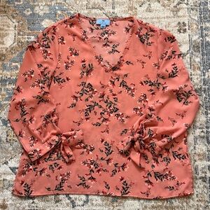 CeCe Coral Floral Blouse with Tie Sleeves